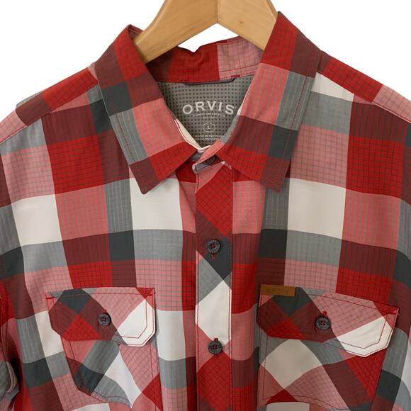 Orvis Shirt Mens Large Button Up Fishing Red Buffalo Plaid Short Sleeve Pockets - Picture 1 of 4